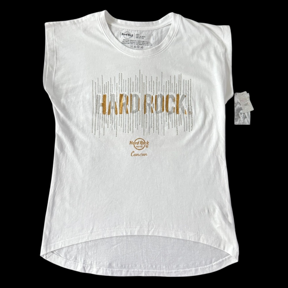 Vintage Hard Rock Hotel Cancun Women’s Sleeveless T-Shirt White Gold Logo Small
